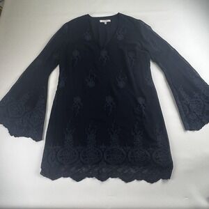 Lace Navy Bell Sleeve Knee Length Dress size M WAYF Scalloped Boho Wedding Guest
